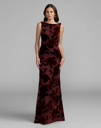 Mac Duggal #50177 burgundy multi floral velvet cowl back gown