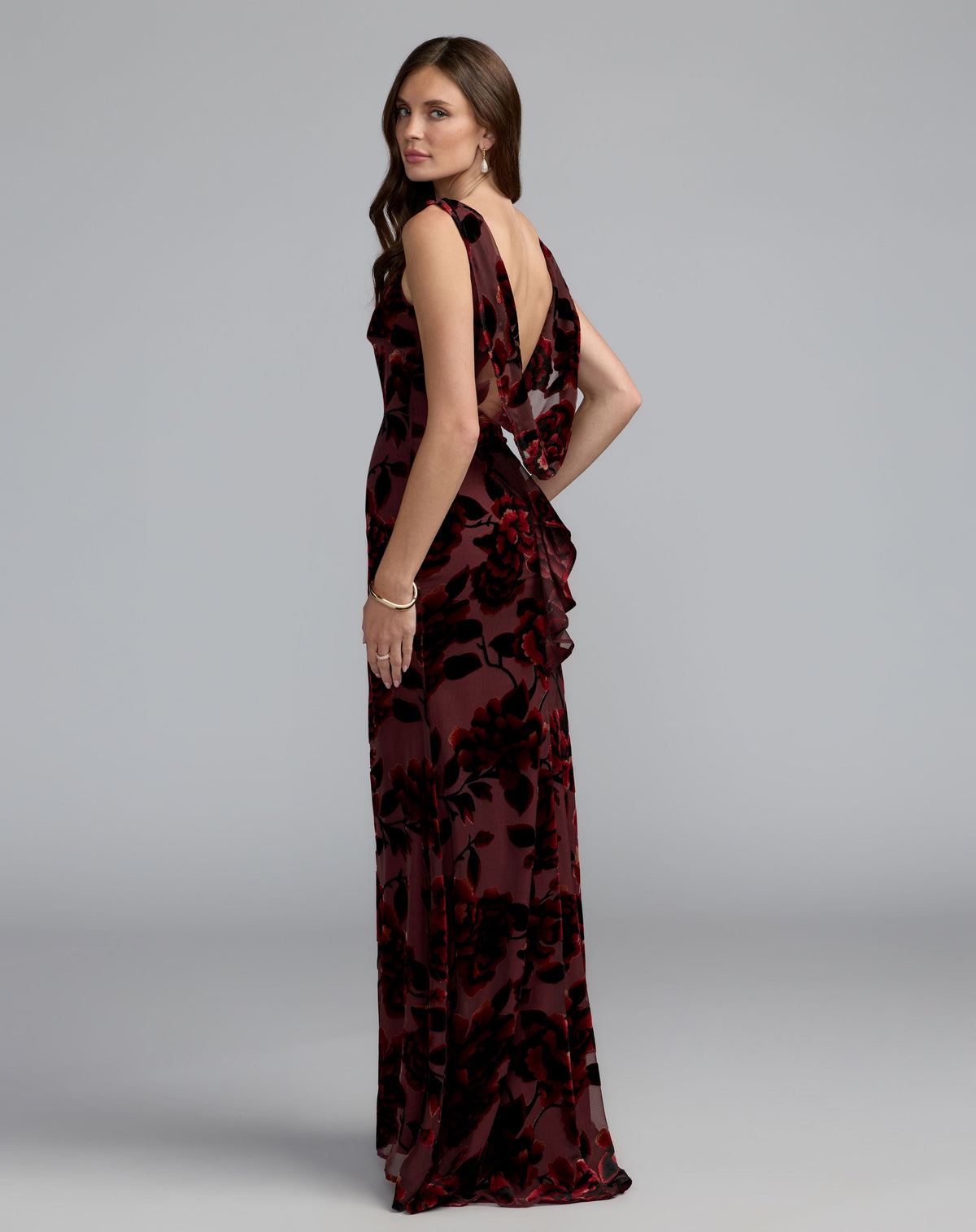 Mac Duggal #50177 burgundy velvet gown side view
