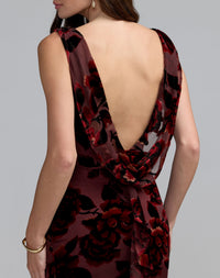 Mac Duggal #50177 burgundy velvet gown boat neckline close-up