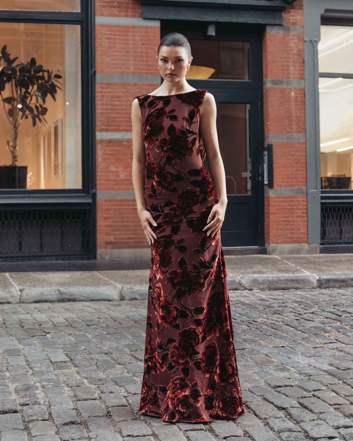 Mac Duggal #50177 burgundy floral velvet evening gown