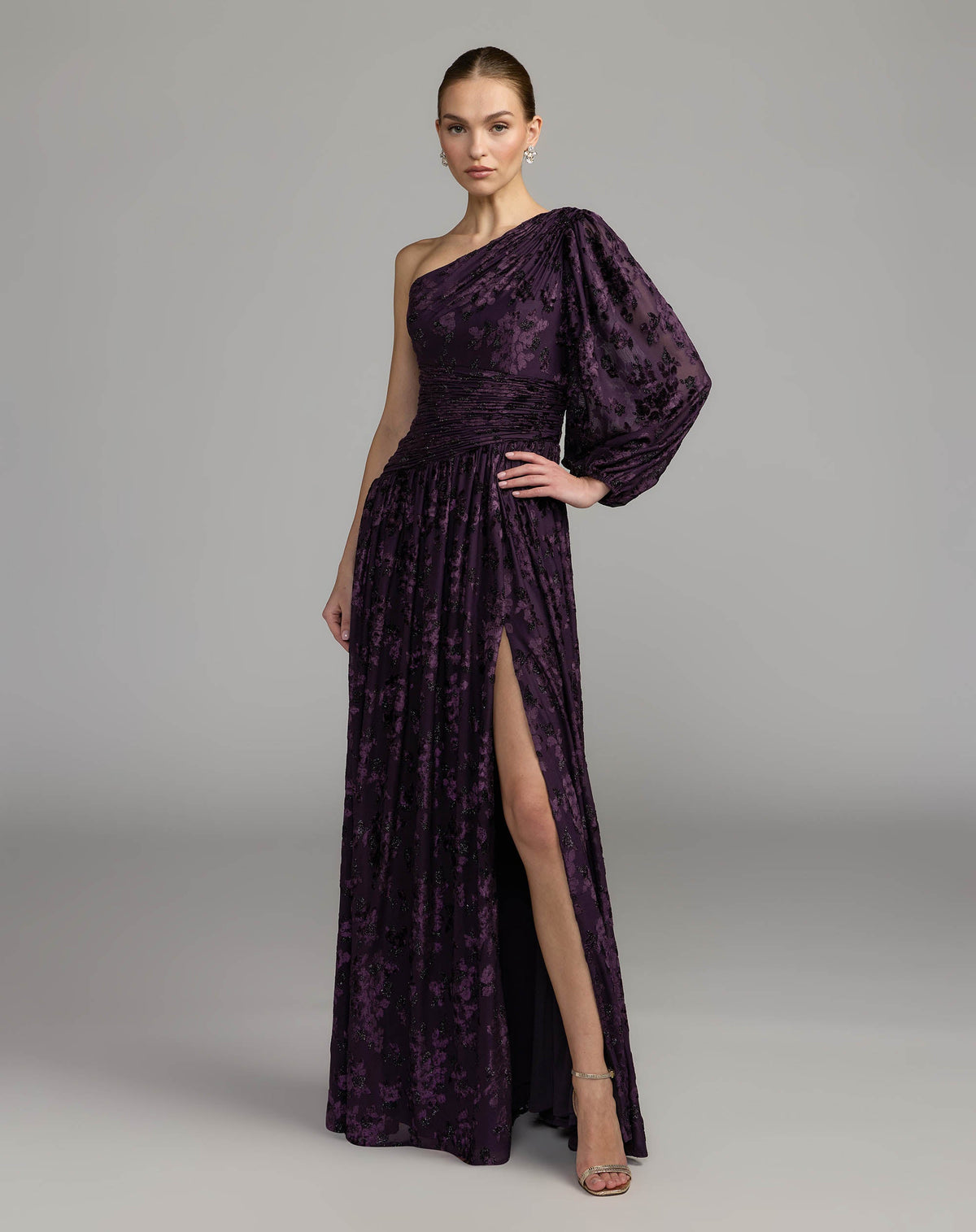 Mac Duggal #50179 amethyst one shoulder burnout velvet gown