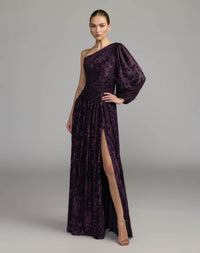 Mac Duggal #50179 amethyst one shoulder burnout velvet gown