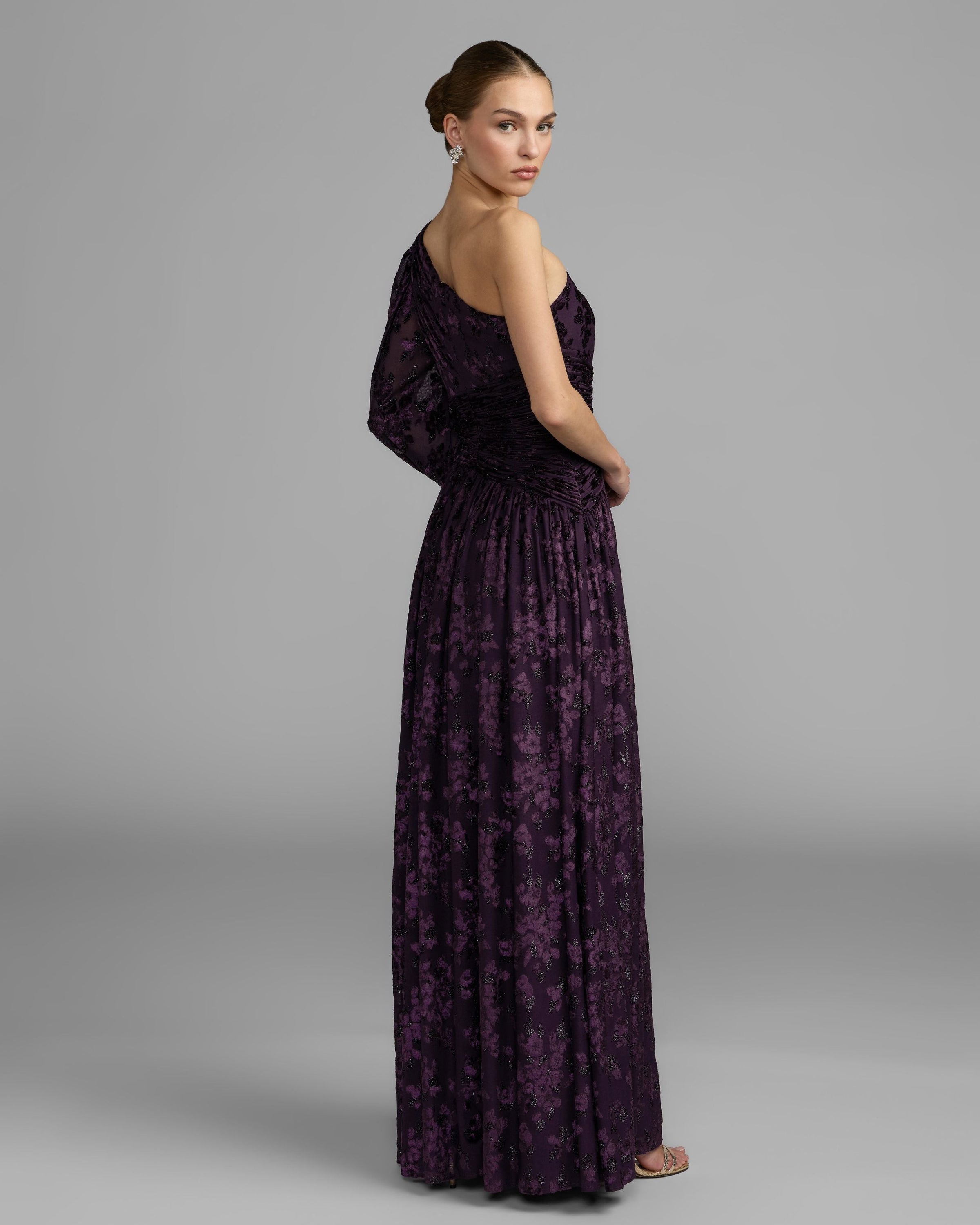 Mac Duggal #50179 amethyst one shoulder gown back view