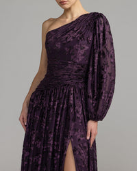 Mac Duggal #50179 amethyst burnout velvet gown close up