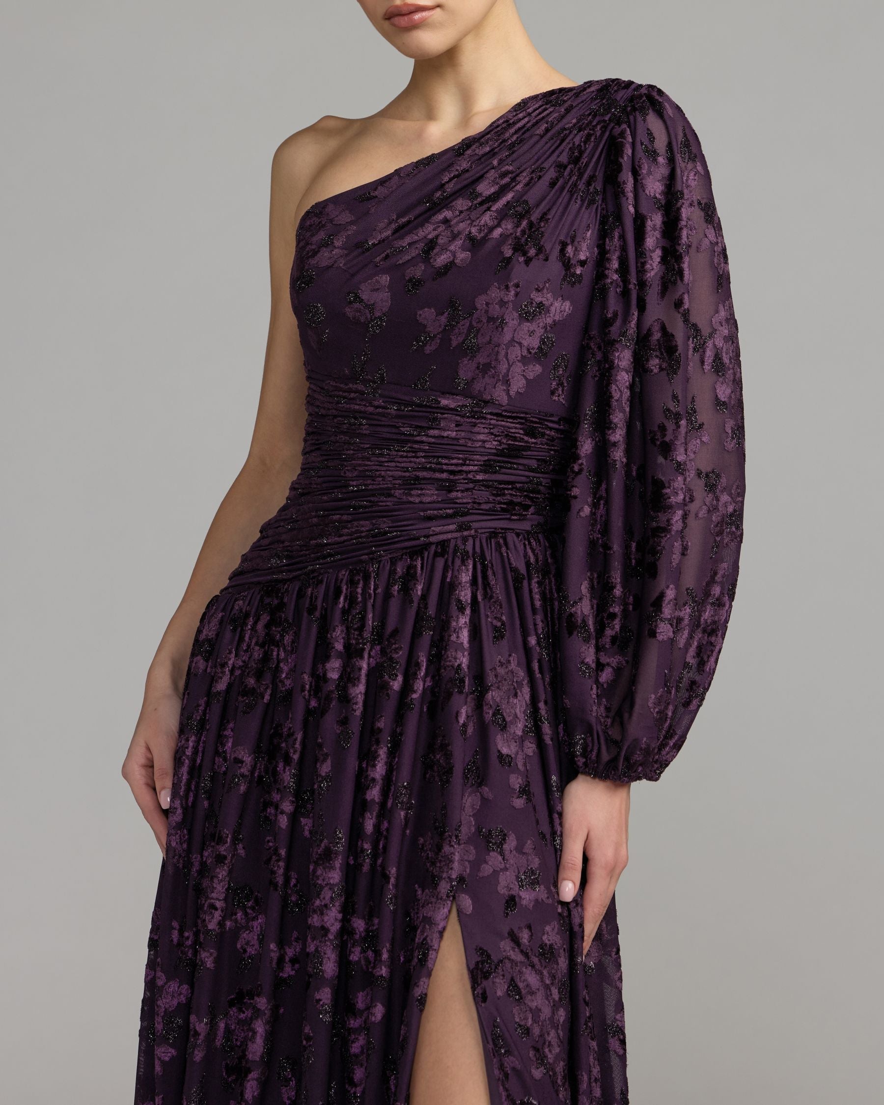 Mac Duggal #50179 amethyst burnout velvet gown close up