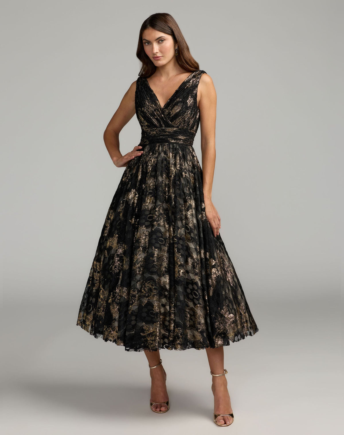 Mac Duggal #50186 black gold metallic lace sleeveless V-neck midi dress