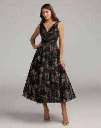 Mac Duggal #50186 black gold metallic lace sleeveless V-neck midi dress