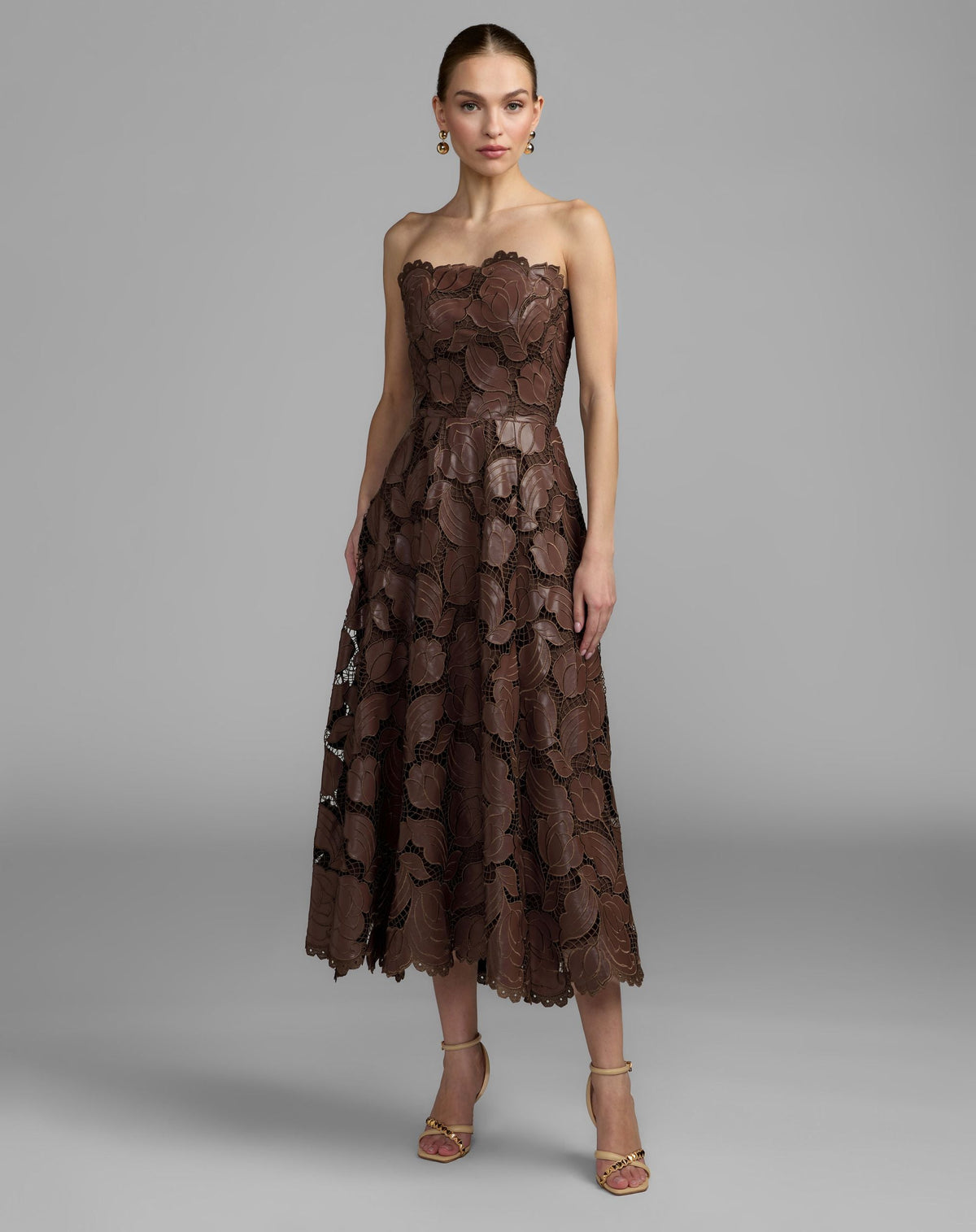Mac Duggal #50190 chocolate strapless floral leather A-line midi dress