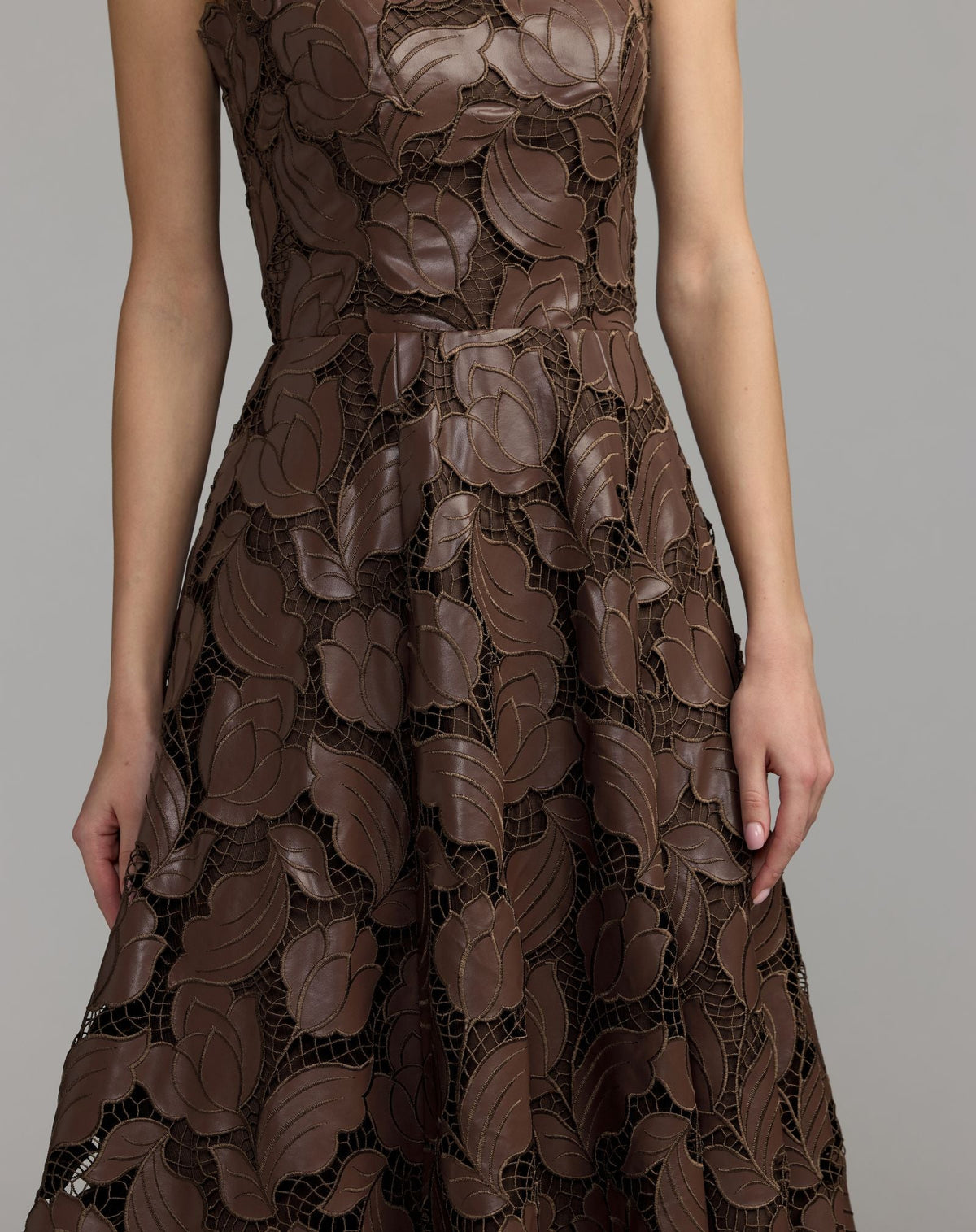Mac Duggal #50190 chocolate embroidered leather close-up