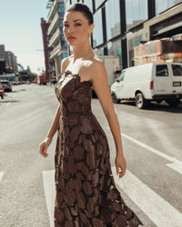 Mac Duggal #50190 chocolate strapless midi dress lifestyle alternate