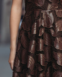 Mac Duggal #50190 chocolate leather midi dress lifestyle detail