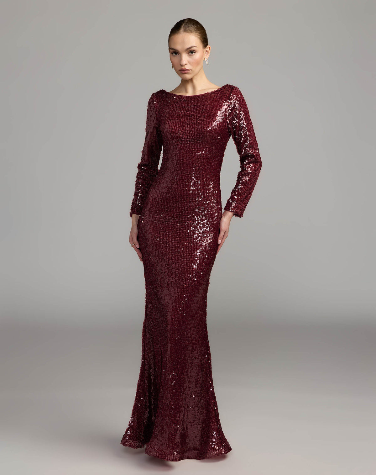 Mac Duggal #50201 ruby long sleeve cowl back sequin gown