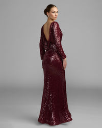 Mac Duggal #50201 ruby long sleeve cowl back sequin gown back view