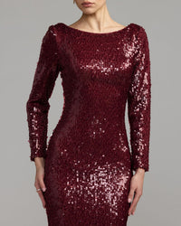 Mac Duggal #50201 ruby long sleeve cowl back sequin gown close-up