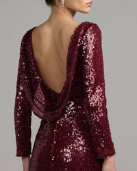 Mac Duggal #50201 ruby long sleeve cowl back sequin gown close-up