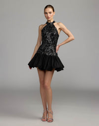 Mac Duggal #50207 black silver embellished lace bubble hem mini dress