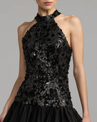 Mac Duggal #50207 black silver embellished lace bubble hem mini dress