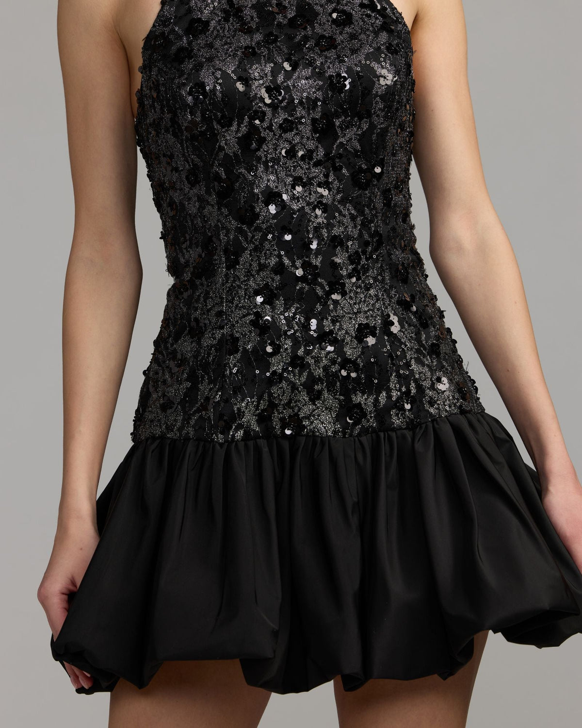 Mac Duggal #50207 black silver embellished lace bubble hem mini dress