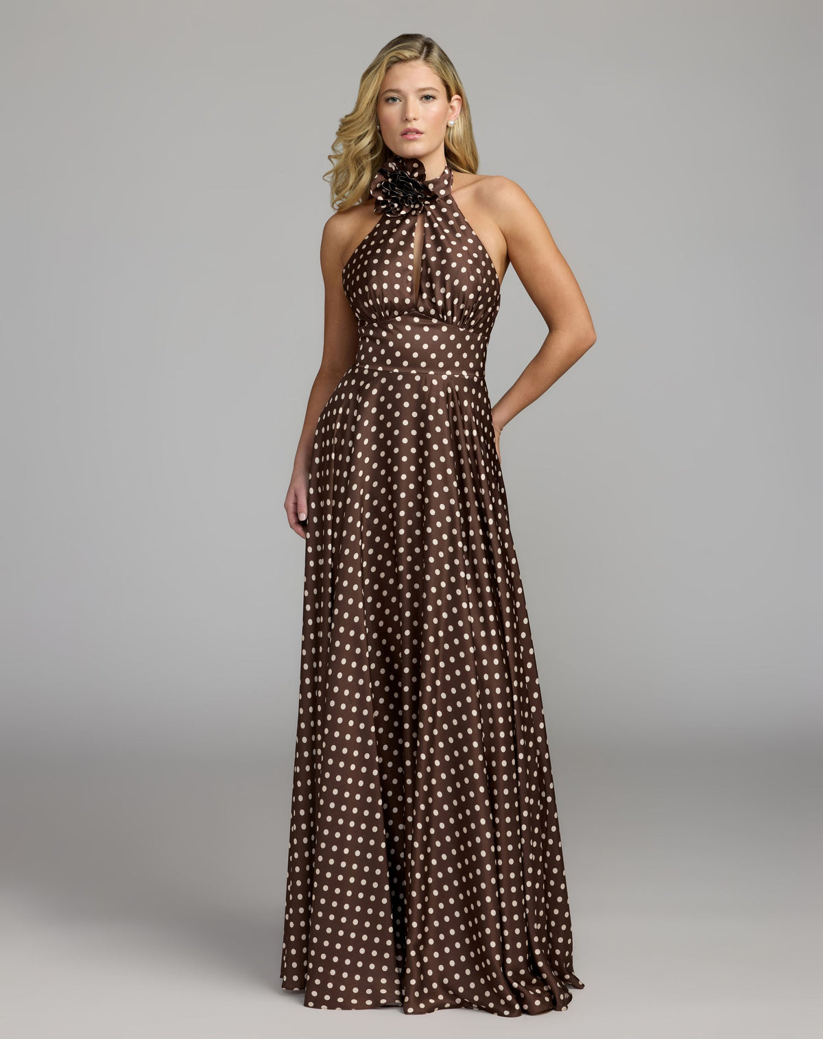 Mac Duggal #50210 chocolate multi polka dot halter gown with rosette