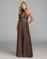 Mac Duggal #50210 chocolate multi polka dot halter gown with rosette