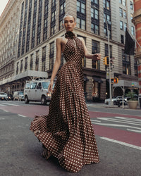 Mac Duggal #50210 chocolate multi A-line gown lifestyle shot