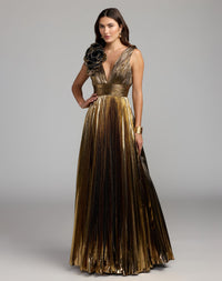 Mac Duggal #50212 antique gold sleeveless metallic v neck gown with ruffle