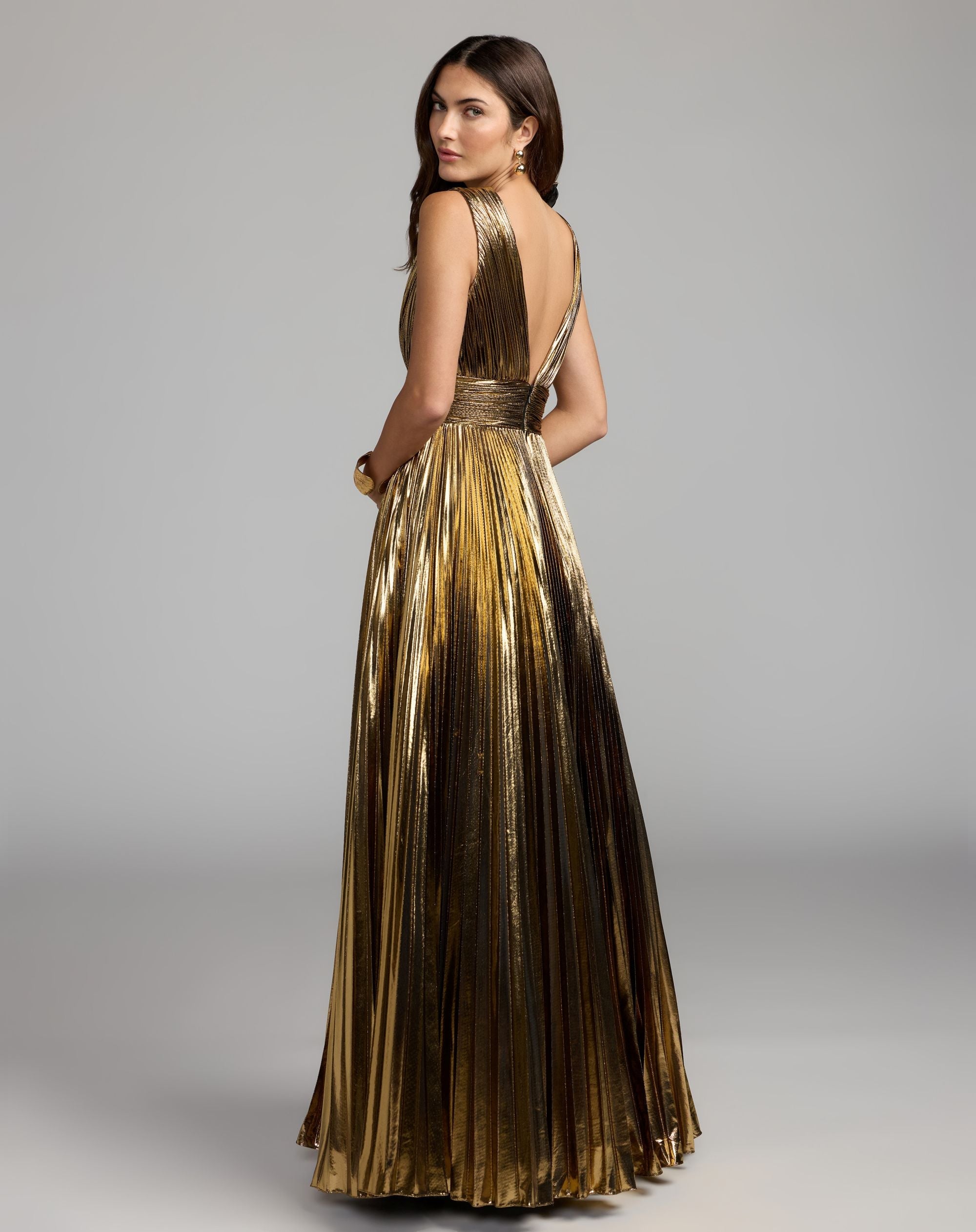 Mac Duggal #50212 antique gold metallic gown back view