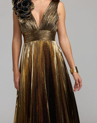 Mac Duggal #50212 antique gold pleated metallic detail