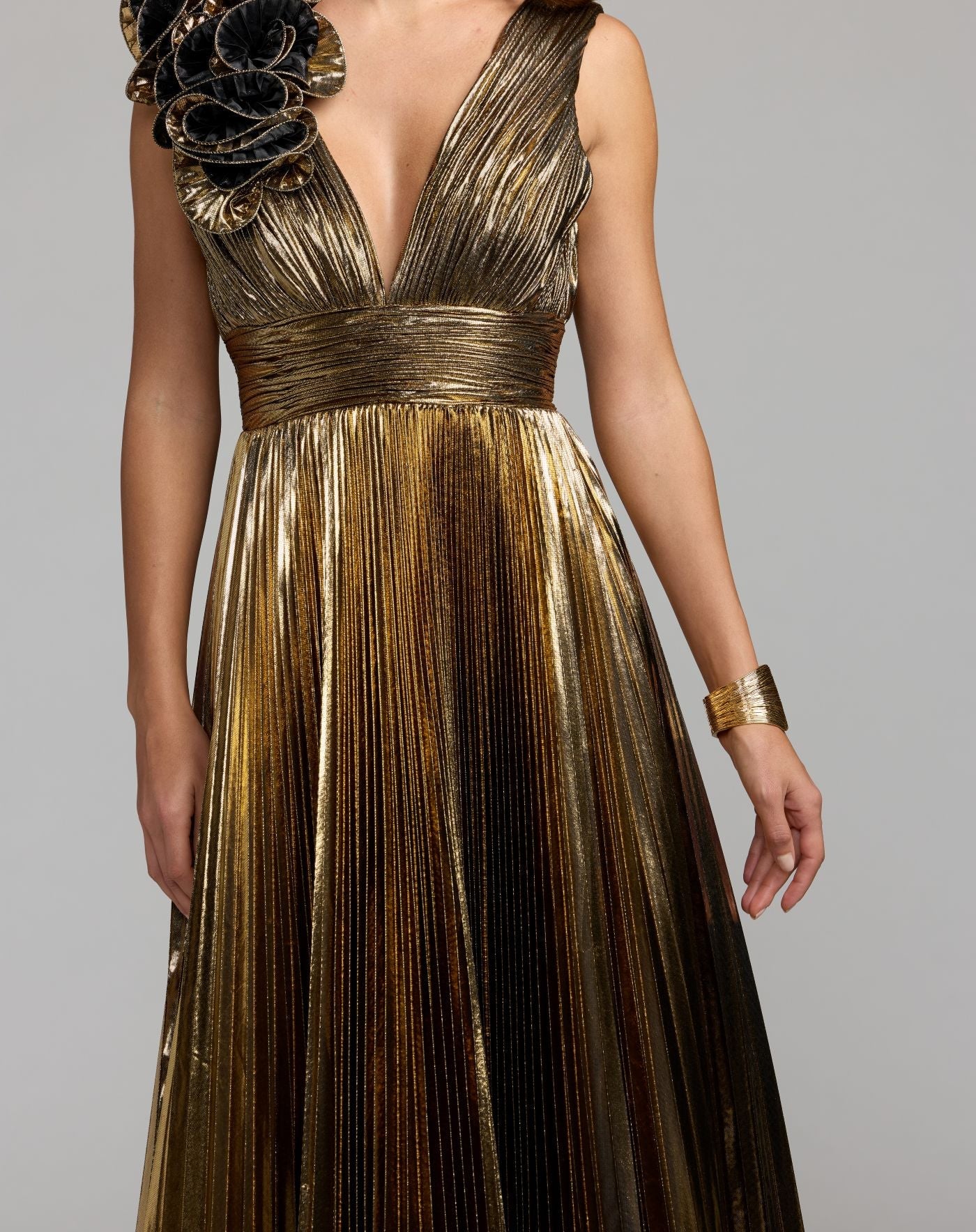Mac Duggal #50212 antique gold pleated metallic detail