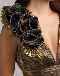 Mac Duggal #50212 antique gold shoulder ruffle detail