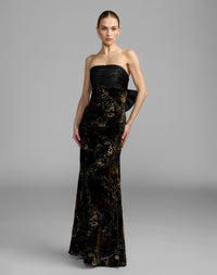 Mac Duggal #50218 black gold satin velvet strapless gown with bow