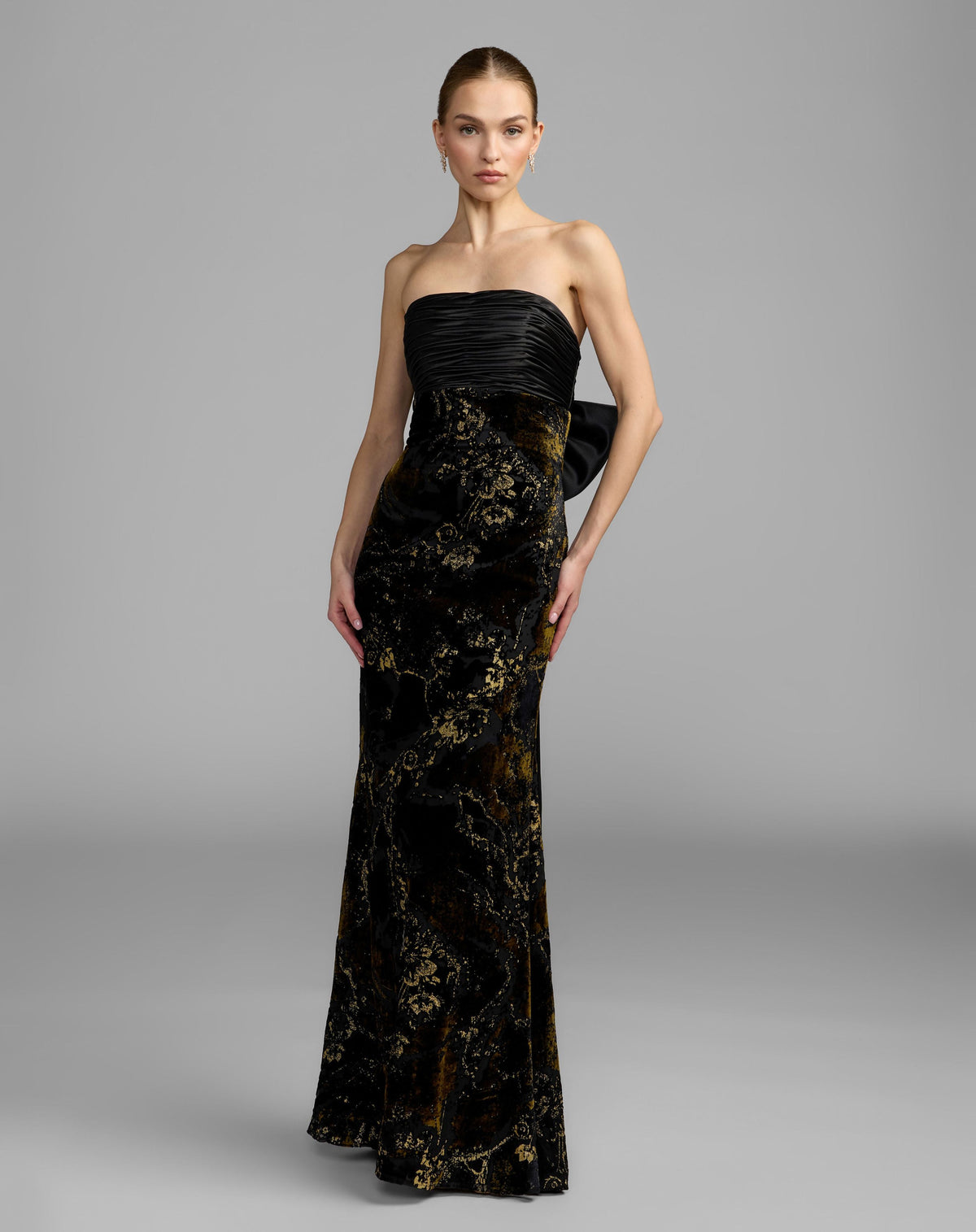 Mac Duggal #50218 black gold satin velvet strapless gown with bow
