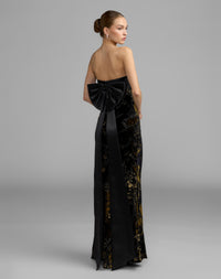 Mac Duggal #50218 black gold satin velvet strapless gown with bow