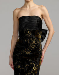 Mac Duggal #50218 black gold satin velvet strapless gown with bow