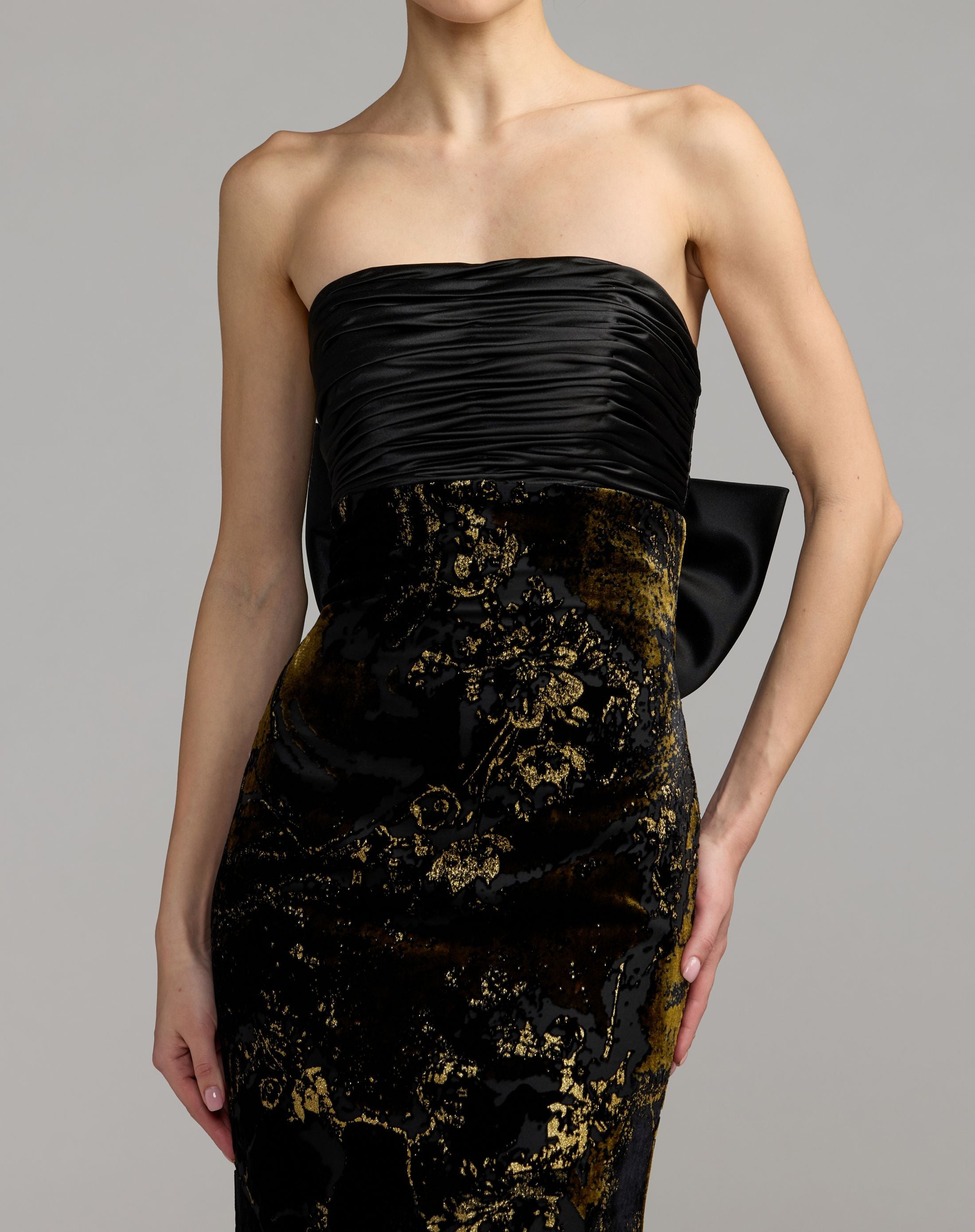 Mac Duggal #50218 black gold satin velvet strapless gown with bow