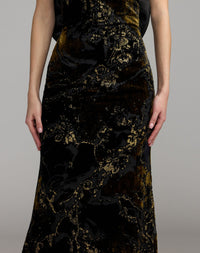 Mac Duggal #50218 black gold satin velvet strapless gown with bow