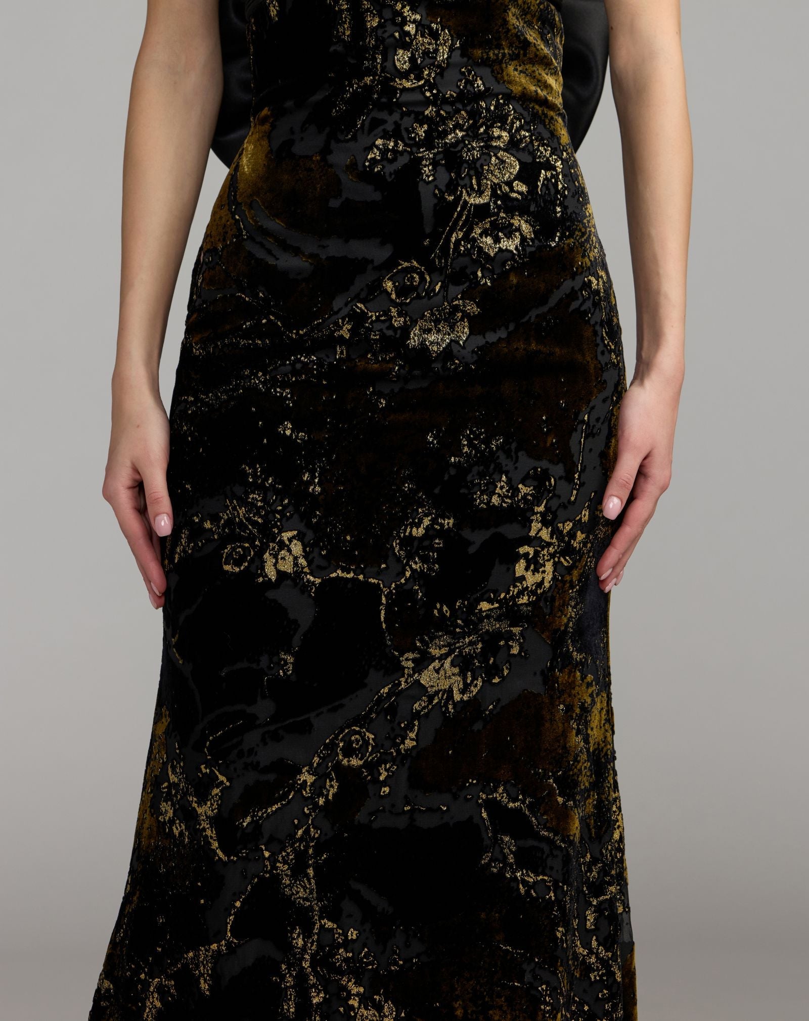 Mac Duggal #50218 black gold satin velvet strapless gown with bow