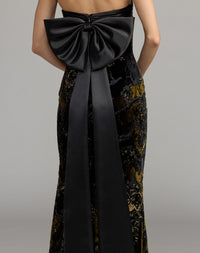 Mac Duggal #50218 black gold satin velvet strapless gown with bow