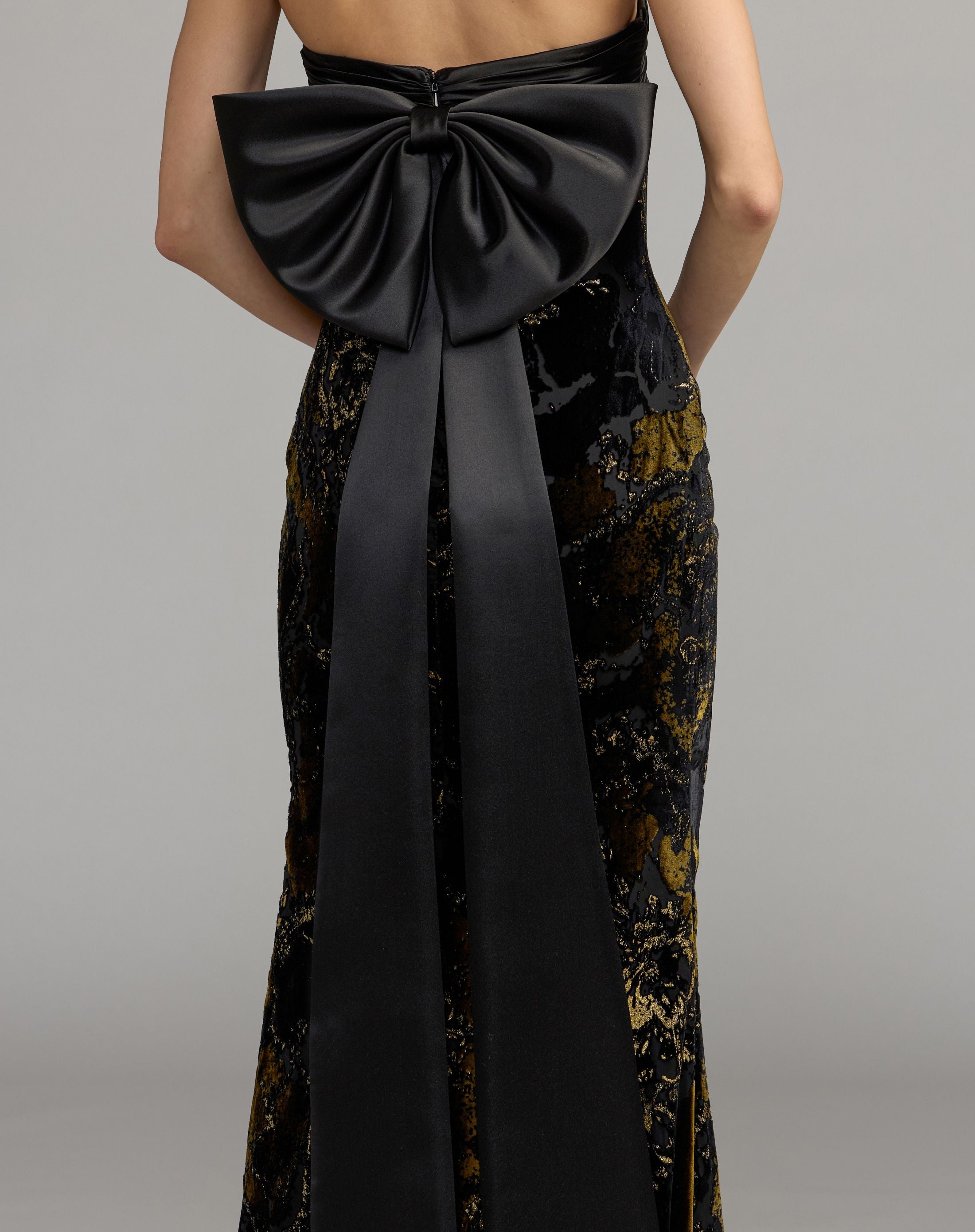 Mac Duggal #50218 black gold satin velvet strapless gown with bow