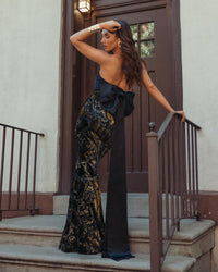 Mac Duggal #50218 black gold satin velvet strapless gown with bow