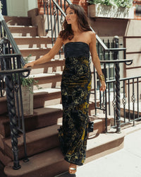 Mac Duggal #50218 black gold satin velvet strapless gown with bow
