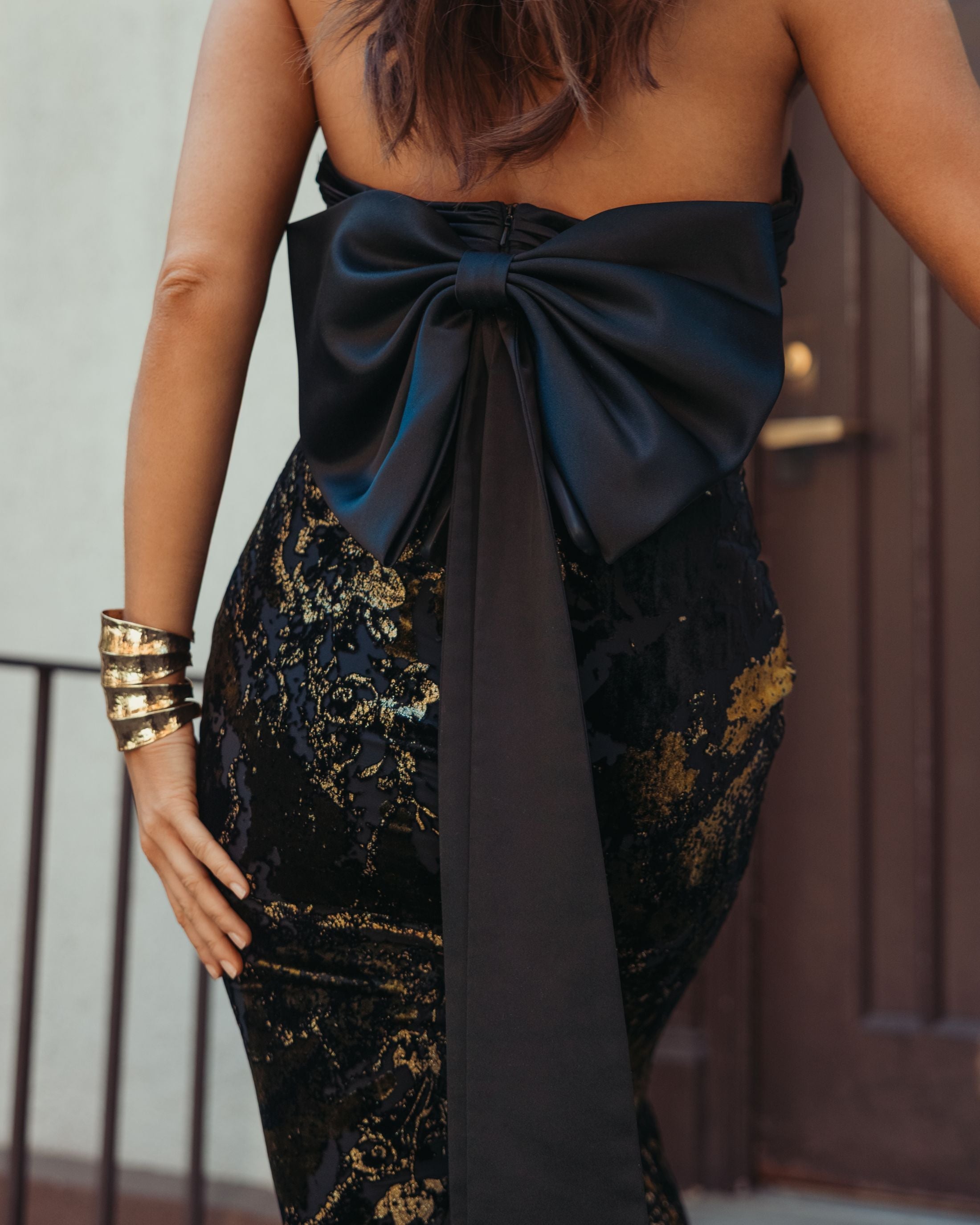Mac Duggal #50218 black gold satin velvet strapless gown with bow