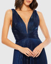 Plunge Neck Pleated Metallic Gown - Sapphire