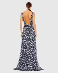 Floral print sleeveless ruffled high-low gown - Navy