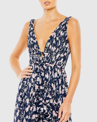 Floral print sleeveless ruffled high-low gown - Navy