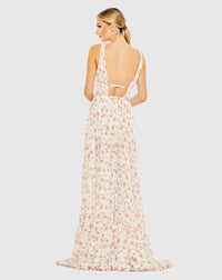 Floral print sleeveless ruffled high-low gown - Pink