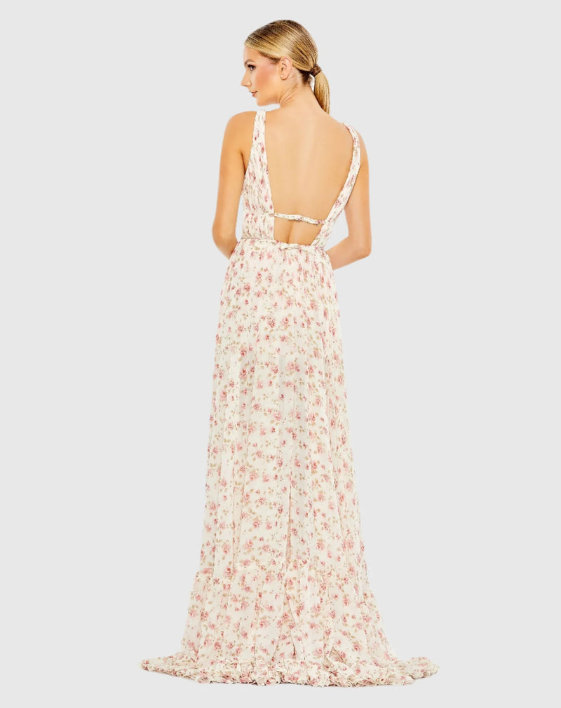 Floral print sleeveless ruffled high-low gown - Pink