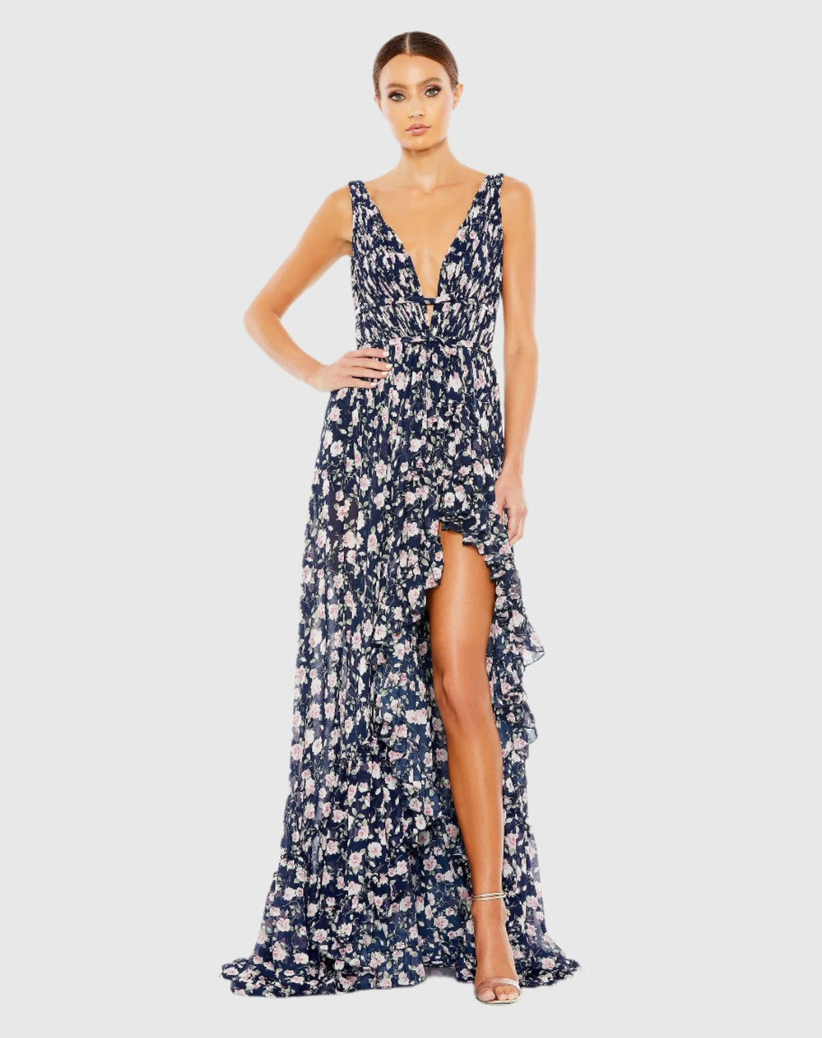Mac Duggal, Floral print sleeveless ruffled high-low gown, Navy #50659