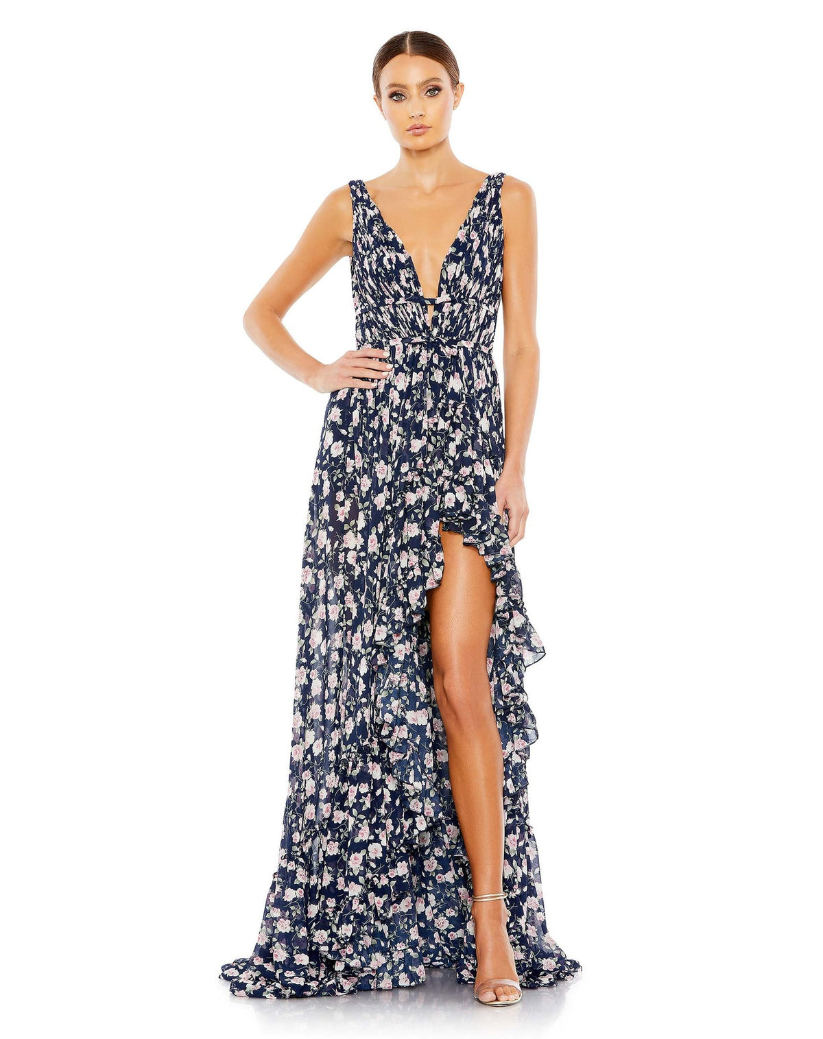 Floral print sleeveless ruffled high-low gown - Navy