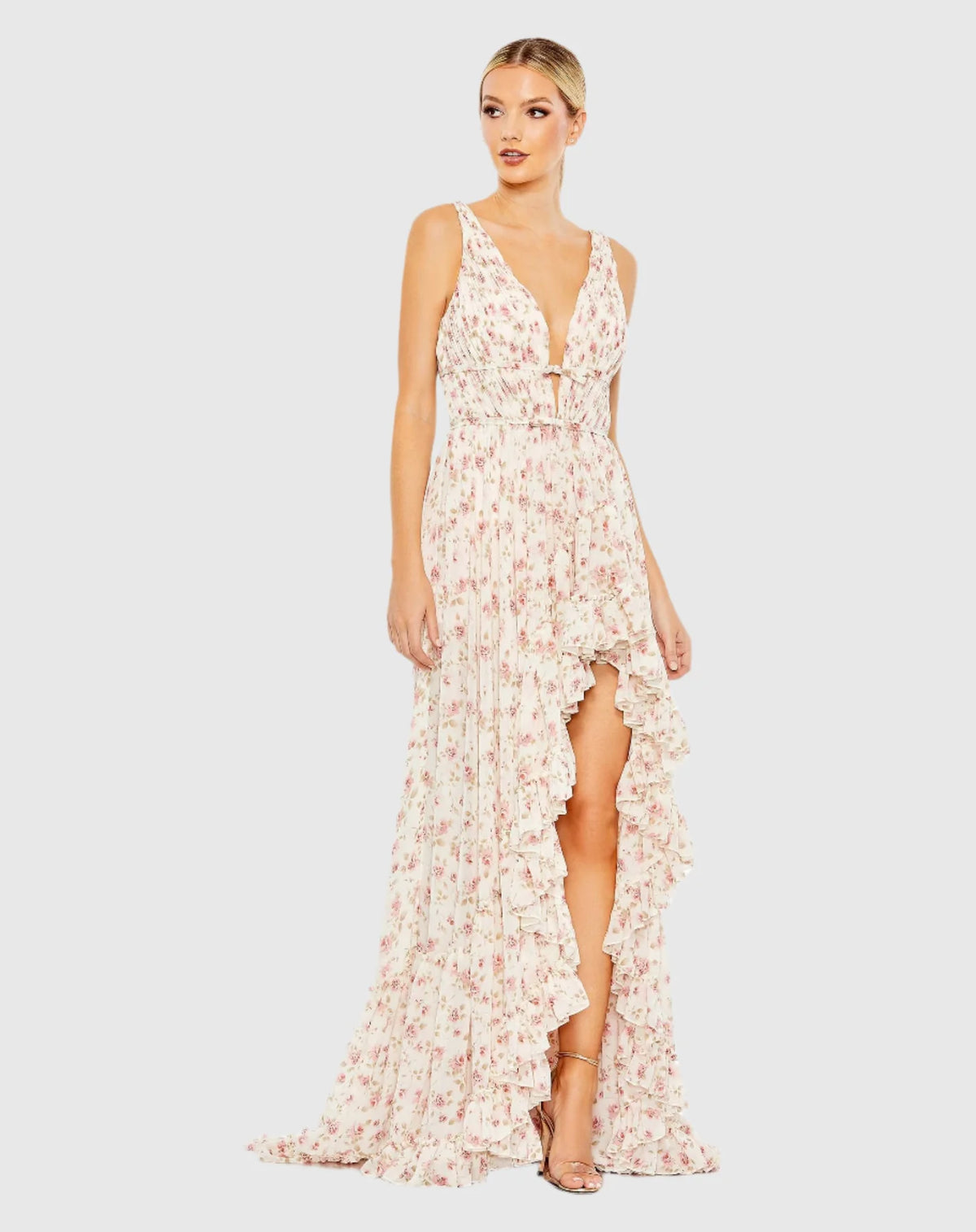Mac Duggal, Floral print sleeveless ruffled high-low gown, Pink #50659